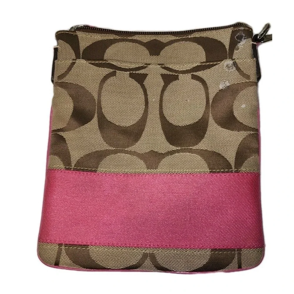 COACH SwingPack Brown Signature Hot Pink Patent Leather Trim